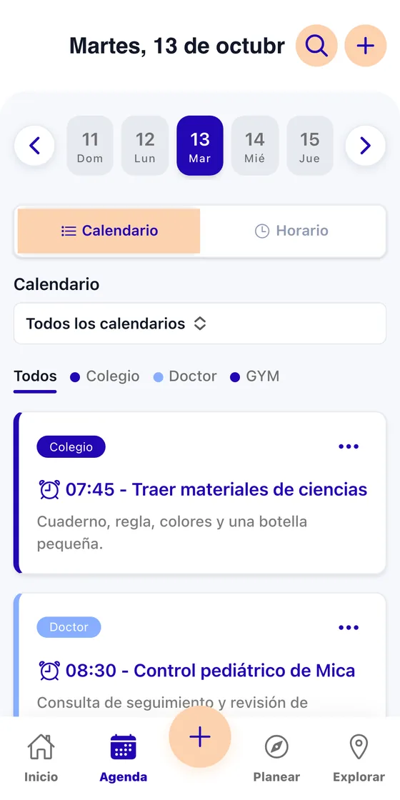 Calendario : agenda du jour