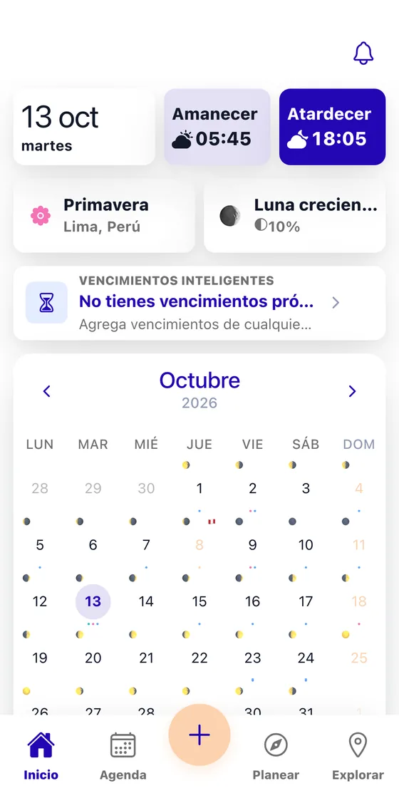 Calendario : accueil avec les jours fériés, la phase lunaire et la vue mensuelle