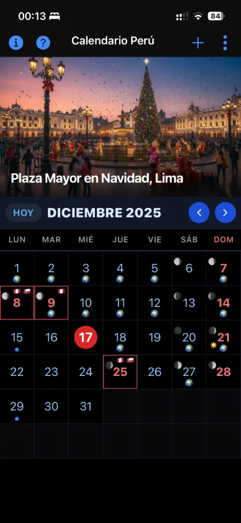 Vista mensual de Calendario Perú con feriados y fases lunares